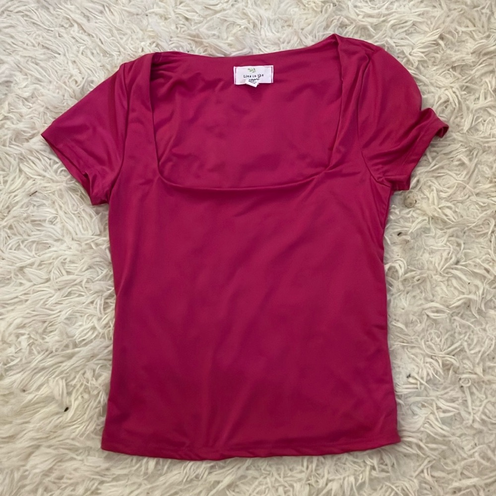 Pink Short Sleeve Cropped Square Neck Tee